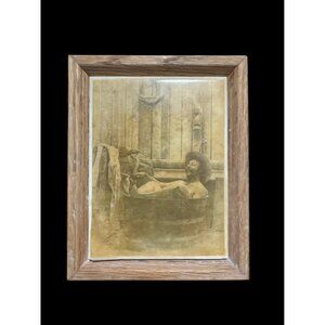 Tile Vntg Cowboy Bathing Scene Framed With Wooden Frame 7.5" X 6.5" Rustic Weste